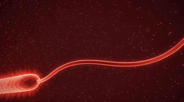 Bioluminescent rod shaped bacterium with a long flagellum glowing intensely red in a dark microscopic environment