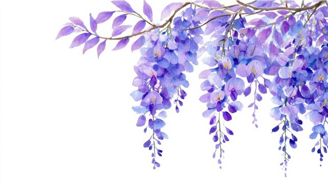白い背景に垂れ下がる藤の花のフレーム、結婚式や招待状用の背景素材