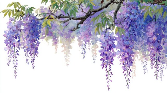 白い背景に垂れ下がる藤の花のフレーム、結婚式や招待状用の背景素材