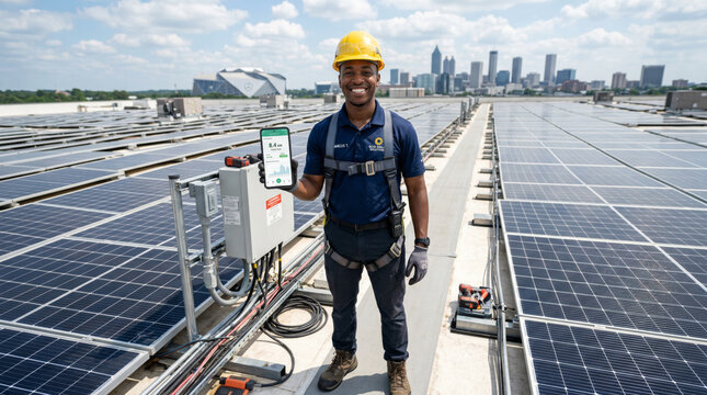 Good looking, smiling, black African-American male solar energy technician monitoring photovoltaic system on rooftop with mobile device