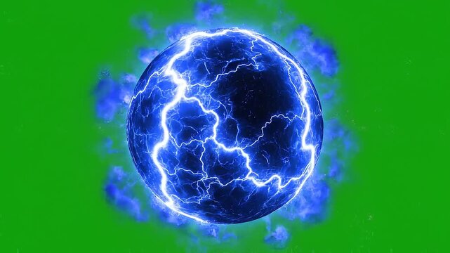 Expanding Blue Plasma Energy Ball with Electric Arcs and Lightning, Abstract Power Field Effect on Green Screen
