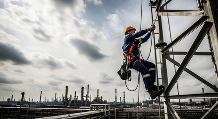 Fototapeta premium Industrial Worker Climbing Structure for Maintenance