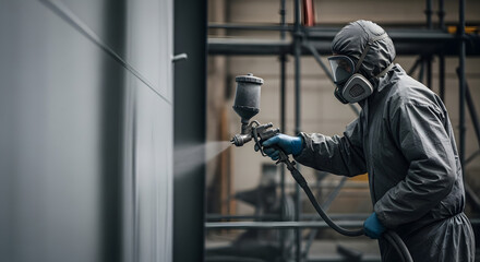 Fototapeta premium Industrial Painter Applying Coating to Metal Surface