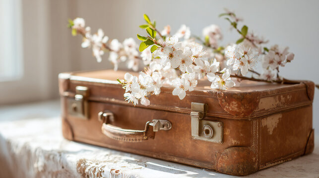 Vintage leather suitcase with blooming spring flowers packing list soft natural light
