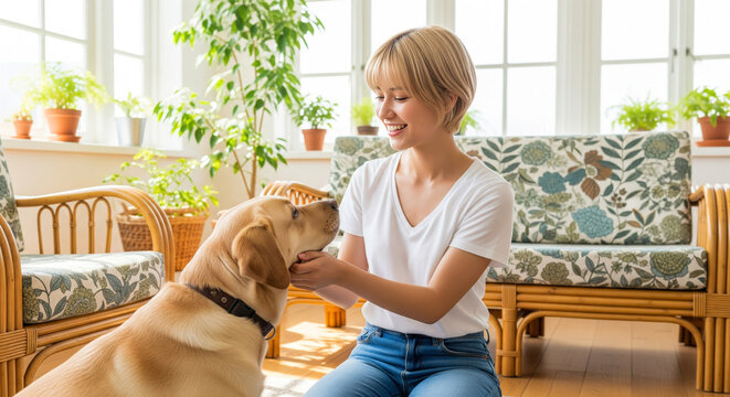 明るいリビングで愛犬のラブラドールレトリバーと触れ合い癒やされる女性