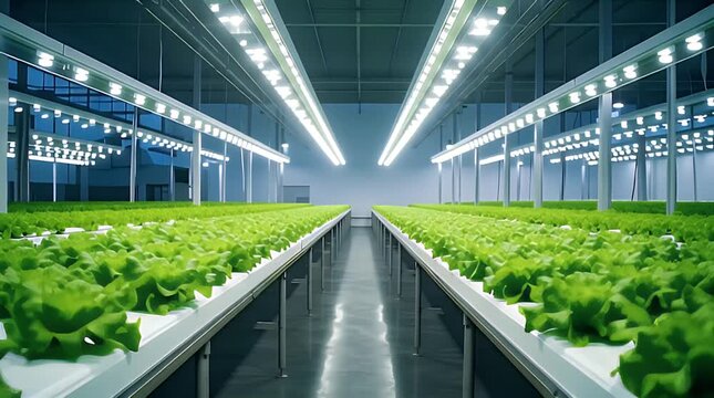 Rows of vibrant green lettuce grow under artificial lights in a modern hydroponic vertical farm, showcasing advanced agricultural technology for sustainable food production.