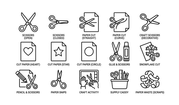 Scissors and paper cutting craft icons set
