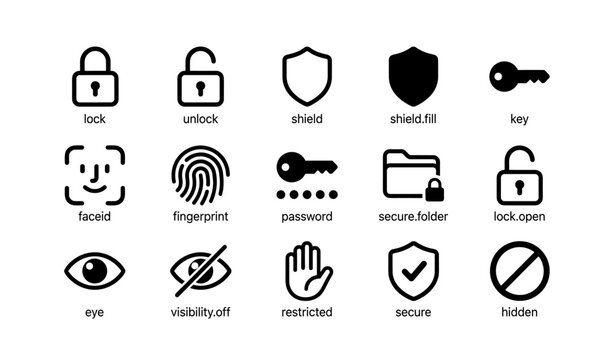Security icons set featuring locks, shields, keys, and privacy symbols