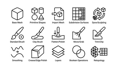Fototapeta premium 3d modeling tool icons: clay brush, meshes, retopology, boolean operations, smoothing