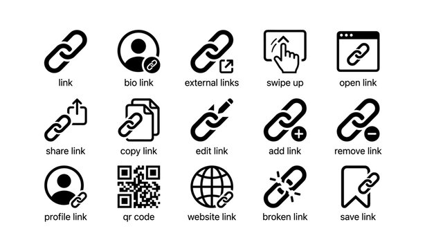 Set of link icons: bio, external, website, qr, edit, share, add, remove, save