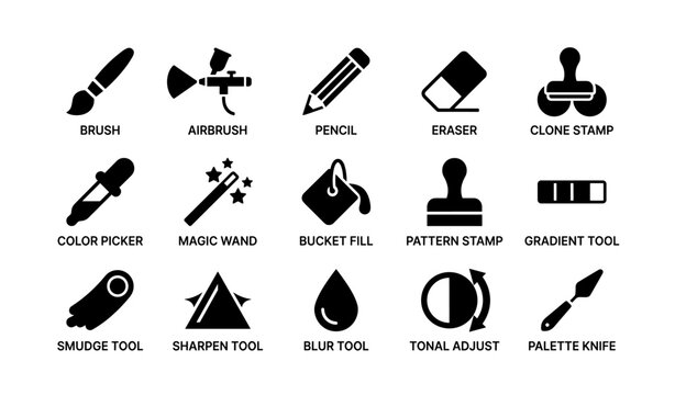 Digital art tools icons set: brush, pencil, eraser, clone stamp