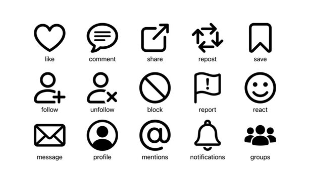 Social media action icons set: like, comment, share, save, follow, and more