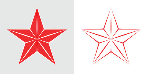 Fototapeta premium Red star icon. Symbol of the Red Army, military rank on shoulder straps or police. Heraldic sign, five-pointed three-dimensional star. Vector.