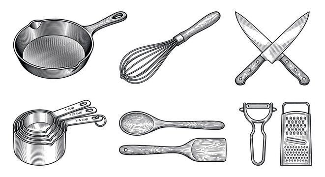 A set of kitchen tools illustrated in a classic engraving style. Ideal for culinary branding, recipes, and food blogs.