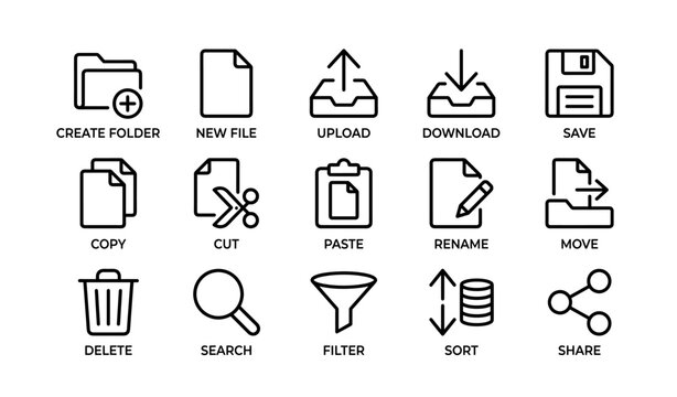 File management icons: create, upload, download, save, organize tasks