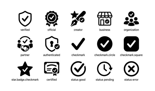 Icon set featuring verified, official, creator, business, organization, partner, authentication, checkmarks, certification, status indicators