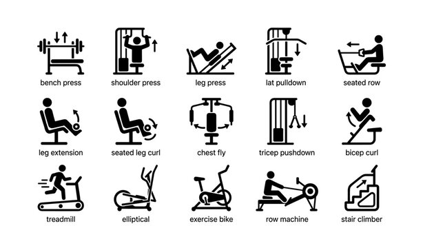 Gym equipment icons: bench press, elliptical, row machine, stair climber