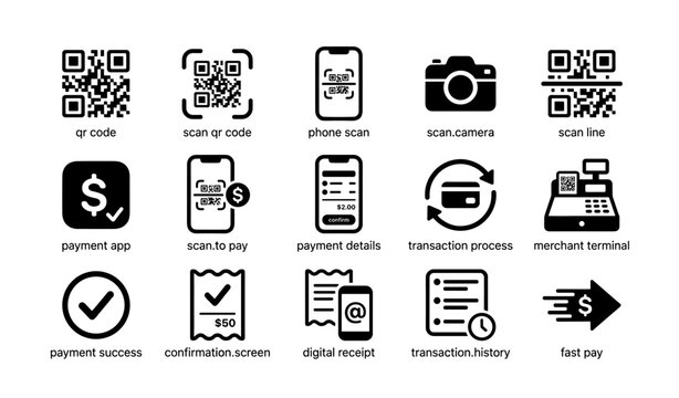 Qr codes and payment icons for digital transactions and merchant terminals