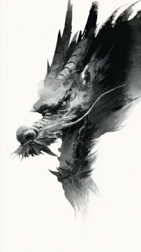 白黒の龍（辰）、年賀状や和風デザイン用の上質な水墨画素材