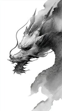 白黒の龍（辰）、年賀状や和風デザイン用の上質な水墨画素材