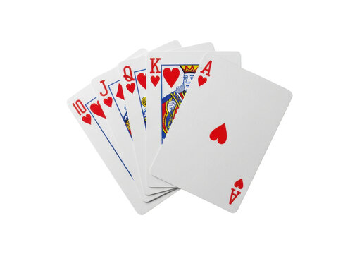 A hyper-realistic royal flush of hearts (ace, king, queen, jack, ten) perfectly fanned, studio shot with high-key lighting on a transparent background. Concept of high-stakes gambling precision