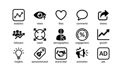 Fototapeta premium Social media metrics icons: analytics, likes, comments, shares, followers, engagement