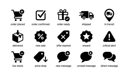 Obraz premium E-commerce and delivery icons set with cart, gift, truck, box, tags, and alerts