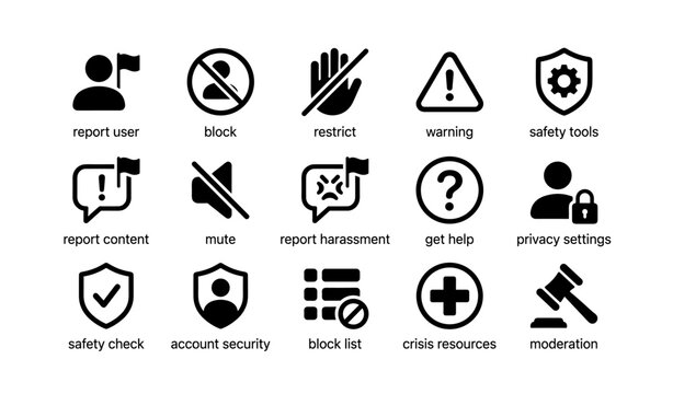 Social media safety and moderation icons set