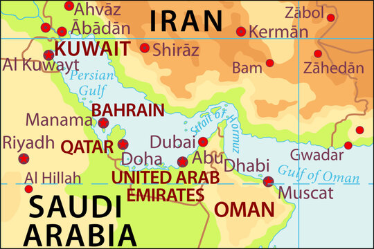 Vector political, physical, geographical
world map. Fragment of asia region with strait of hormuz,
iran, kuwait, persian gulf, oman gulf,
saudi arabia, qatar, oman, bahrain, united arab emirates.