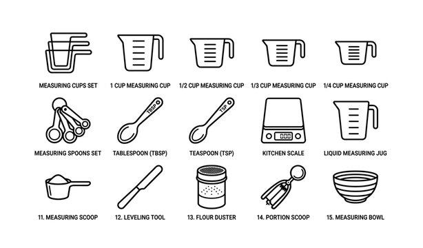 Kitchen measurement tools set with cups, spoons, scale, and bowls illustrated icons