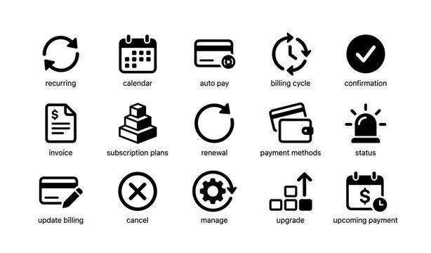 Financial service icons including calendar, payment methods, and subscription management