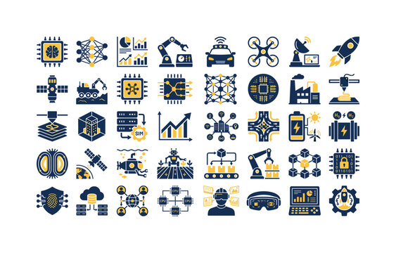 Collection of modern technology and engineering icons representing innovation and progress