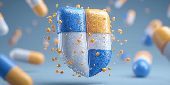 Detailed 3D medicine capsule surrounded by microbes, ideal for healthcare advertising, supplement packaging and biotechnology concepts