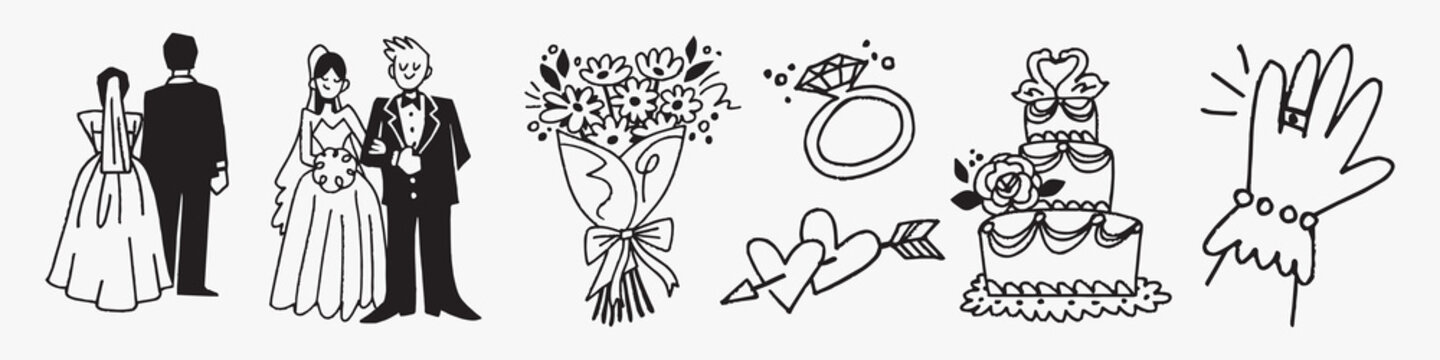 Elegant wedding doodle illustrations vector element set