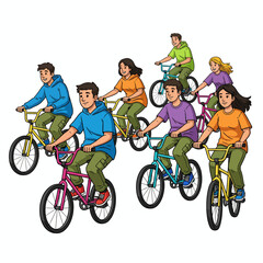 Obraz premium Cartoon Illustration of a Group of Diverse Young People Riding Colorful Bicycles Together