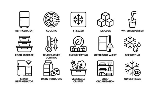 Refrigerator features icons: cooling, freezer, temperature control, energy rating, defrosting