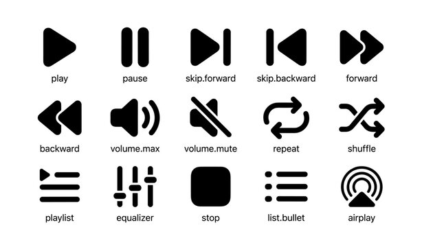 Media control icons set including play pause skip forward backward and more