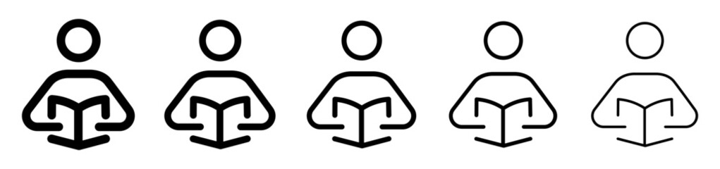 Fototapeta premium Reading icon with variable line weight. Person reading book pictogram shown in different stroke thickness styles. Education and learning concept. 