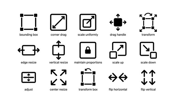 Black vector icons: resize, scale, transform, flip, maintain proportions, adjust