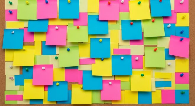Colorful sticky notes pinned on cork board. Paper squares for planning tasks and organizing project. Office supplies for management work, reminder notes and memory aid for daily business.