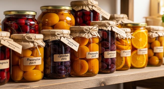 Glass jars with preserved fruit and berry on wooden shelf. Home canning of harvest for winter storage. Organic homemade jam and compote with handwritten paper label in pantry interior.