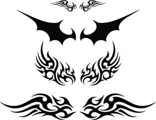 Obraz premium Tribal wing tattoo set, black gothic wings vector, 4 pairs of decorative wing elements