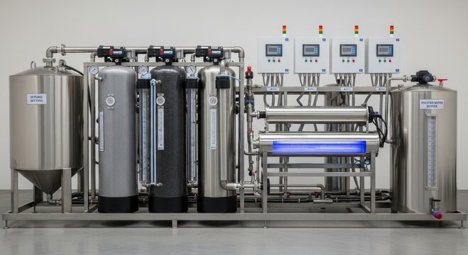 Industrial water purification system with metallic tanks and control panels. Filtration equipment for commercial liquid treatment processes. Modern technology for clean water production.