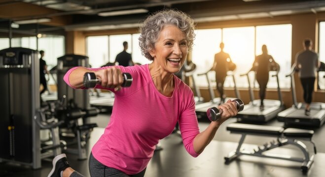 Senior woman exercising with dumbbells in gym. Active elderly lady doing workout to keep fit. Healthy lifestyle and fitness training for old age people in modern club facility.