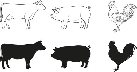 Fototapeta premium A set of farm animal illustrations including cows, pigs, and roosters in black and white