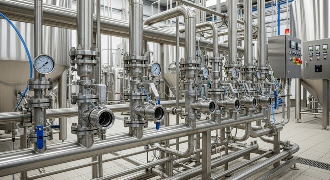 Stainless steel pipe system in brewery. Industrial equipment with pressure gauge and control panel at beverage production facility. Pipeline engineering for sanitary fluid processing.
