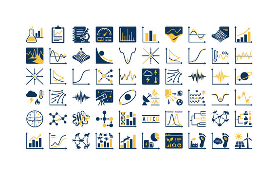 Collection of scientific and data analysis icons representing research and discovery
