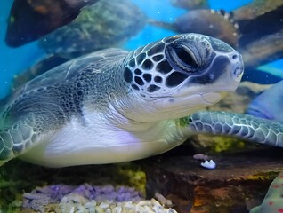 Obraz premium Majestic Sea Turtle Swimming Face to Face Underwater , Marine Wildlife Photography