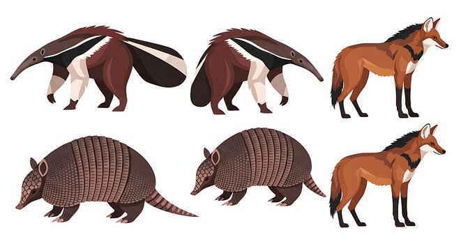 Stylized Vector Illustrations of South American Mammals on White Background
