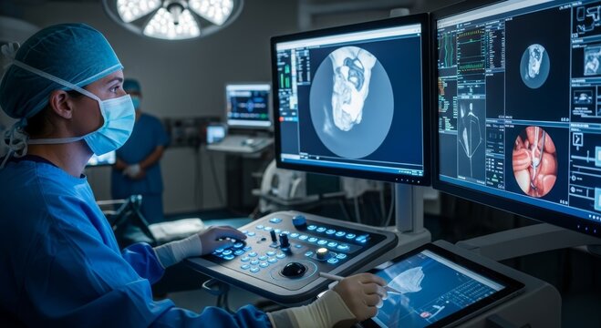 Woman surgeon monitoring robotic surgery on screen in operating room. Medical professional using advanced digital imaging technology for precision procedure. Modern hospital healthcare equipment.